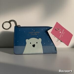 NWT KATE SPADE Arctic Friends L-Zip Card Holder k4765 Polar Bear Blue